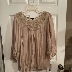NEW tan/beige peasant blouse with bell sleeves beautiful detail on neck